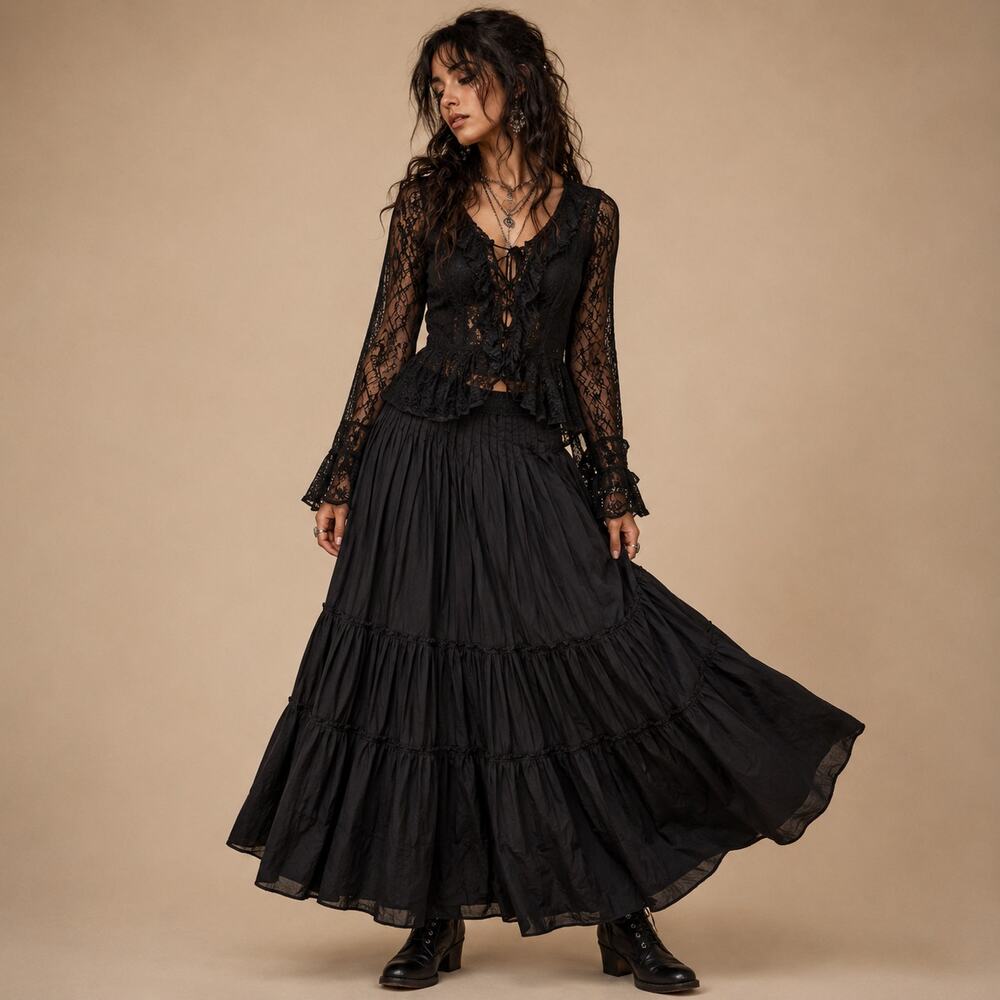 Black Tiered Maxi Skirt Whimsygoth Boho Cottagecore Gothic Romantic Sz 12 Large